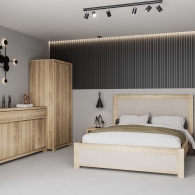 Klasyczne łóżko dębowe z tapicerowanym zagłówkiem - Möbel Klar